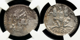 Julius Caesar Silver Denarius 3.57 g. 21 mm. Hispania 46-45 B.C. XF (NGC).