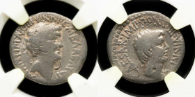Octavian and Mark Antony Silver Denarius 3.42 g., 19 mm. Moving mint 41 B.C. F (NGC).