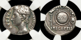 Augustus Silver Denarius 3.55 g. 17 mm. Col. Patricia 19 B.C. Ch F (NGC).