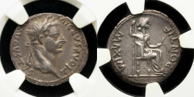 Tiberius Silver Denarius --- g., 19 mm. Lugdunum 14-37 A.D. XF (NGC).