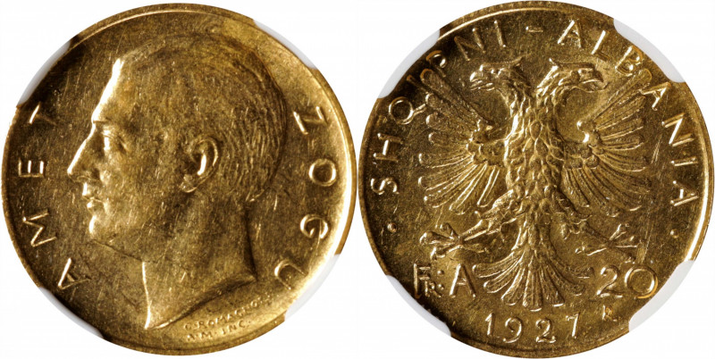 ALBANIA. 20 Franga Ari, 1927-R. Rome Mint. Zog I. NGC AU-58.

KM-10; Fr-2. Thi...