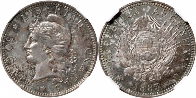 ARGENTINA. 50 Centavos, 1883. NGC MS-63.

KM-28. A bright and lustrous coin wi...