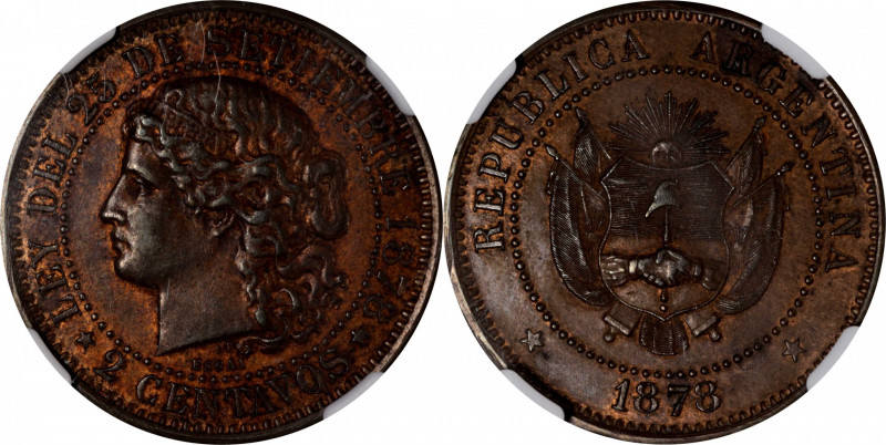 ARGENTINA. Copper 2 Centavos Essai (Pattern), 1878. NGC AU-58.

KM-E2; Janson-...