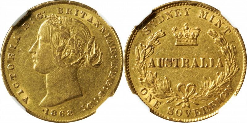 AUSTRALIA. Sovereign, 1868-SYDNEY. Sydney Mint. Victoria. NGC AU-53.

Fr-10; K...