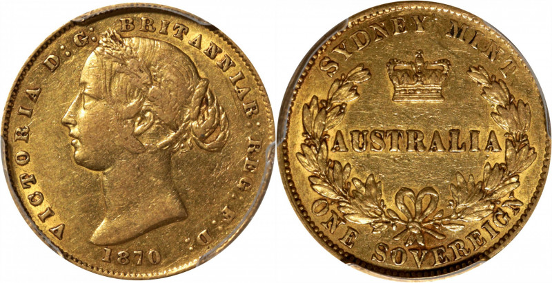 AUSTRALIA. Sovereign, 1870-SYDNEY. Sydney Mint. Victoria. PCGS EF-45.

Fr-10; ...