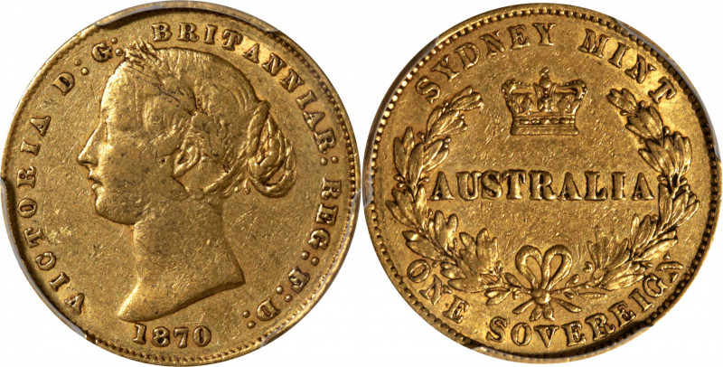 AUSTRALIA. Sovereign, 1870-SYDNEY. Sydney Mint. Victoria. PCGS EF-40.

Fr-10; ...