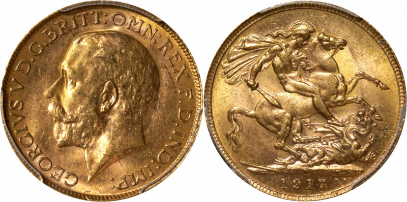 AUSTRALIA. Sovereign, 1917-P. Perth Mint. George V. PCGS MS-63.

S-4001; Fr-40...