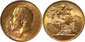 AUSTRALIA. Sovereign, 1917-P. Perth Mint. George V. PCGS MS-63.

S-4001; Fr-40; KM-29. A beautiful Sovereign, with lovely luster and just a few cont...