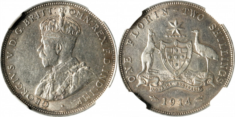 AUSTRALIA. Florin, 1914. London Mint. George V. NGC AU-55.

KM-27. A nice ligh...