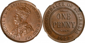 AUSTRALIA. Penny, 1922-(P). Perth Mint. George V. NGC MS-62 Brown.

KM-23. This charming Australian minor displays a rich brown color and charming u...