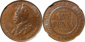 AUSTRALIA. Penny, 1934. Melbourne Mint. George V. NGC MS-63 Brown.

KM-23. A boldly struck Penny with bright glossy surfaces and stunning cyan to ma...