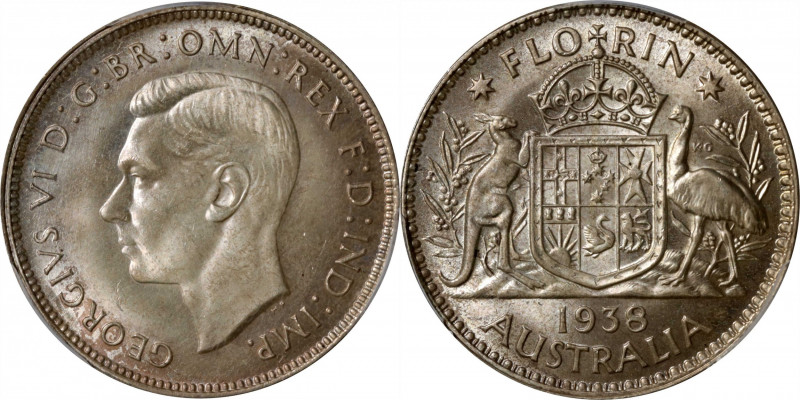 AUSTRALIA. Florin, 1938-(M). Melbourne Mint. George VI. PCGS MS-65.

KM-40. Un...