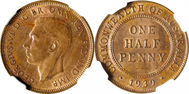 AUSTRALIA. 1/2 Penny, 1939. Melbourne Mint. George VI. NGC MS-63 Red Brown.

K...