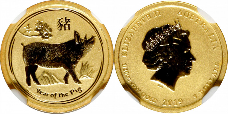 AUSTRALIA. 5 Dollars, 2019-P. Lunar Series, Year of the Pig. Elizabeth II. NGC M...
