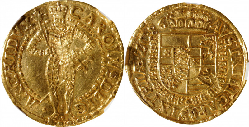 AUSTRIA. Ducat, 1586. Klagenfurt Mint. Charles II. NGC Unc Details--Bent.

Fr-...