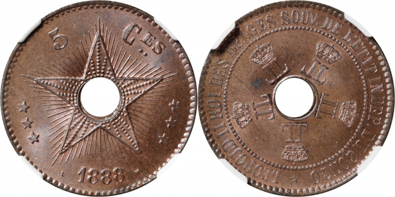 BELGIAN CONGO. 5 Centimes, 1888/7. Leopold II. NGC MS-65 Red Brown.

KM-3. A c...