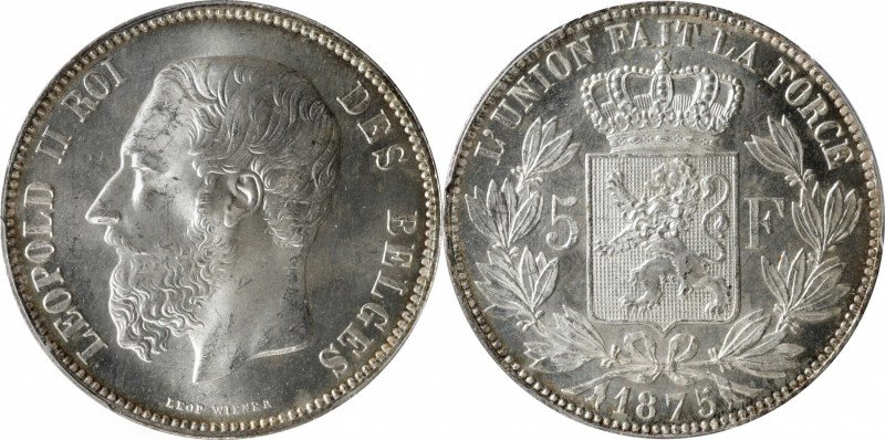 BELGIUM. 5 Francs, 1875. Brussels Mint. Leopold II. PCGS MS-64.

KM-24. Brilli...
