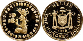 BELIZE. 100 Dollars, 1978. Franklin Mint. CHOICE PROOF.

Fr-4; KM-55. AGW: 0.0998 oz. Mintage: 1,178. Honoring Itzamna Lord of Heaven. This charming...