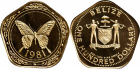 BELIZE. 100 Dollars, 1981. Franklin Mint. CHOICE PROOF.

Fr-11; KM-67. AGW: 0.0998 oz.&nbsp;Commemorating the yellow swallowtail butterfly. This pen...