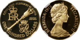 BERMUDA. 100 Dollars, 1975-FM. Franklin Mint. Elizabeth II. NGC PROOF-70 Ultra Cameo.

Fr-2; KM-24. AGW: 0.2034 oz. Commemorating the Royal Visit to...