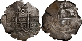 BOLIVIA. Cob 8 Reales, 1737-P E. Potosi Mint. Philip V. NGC AU-55.

KM-31a; Cal-1505. Weight: 26.80 gms. This chunky example displays a somewhat unr...