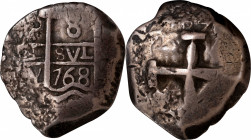 BOLIVIA. Cob 8 Reales, 1768-P V/Y. Potosi Mint. Charles III. NGC VF-25.

KM-45; Cal-1145. Weight: 26.80 gms. A chunky, thick Cob with bold obverse a...