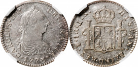 BOLIVIA. Real, 1773-PTS JR. Potosi Mint. Charles III. NGC AU-55.

KM-52; Cal-Type 53 # 471. A decently struck Real with a bit of softness in the cen...
