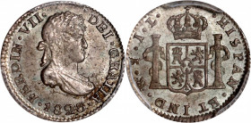 BOLIVIA. 1/2 Real, 1823-PTS PJ. Potosi Mint. Ferdinand VII. PCGS MS-64.

KM-90; Cal-438. A wonderful near-Gem fractional, this entrancing piece offe...