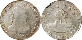 BOLIVIA. 8 Soles, 1832-PTS JL. Potosi Mint. NGC AU-53.

KM-97. A decently struck Crown, with about as much detail on Bolivar's portrait as one can e...