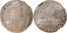 BOLIVIA. 8 Soles, 1840-PTS LR. Potosi Mint. NGC AU-53.

KM-97. A decently struck and wholesome coin, with no notable circulation marks, pleasing fla...