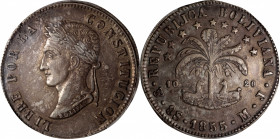BOLIVIA. 8 Soles, 1855-PTS MJ. Potosi Mint. PCGS AU-53.

KM-112.2. A very well struck Crown with just a bit of wear on the high points, and somber d...