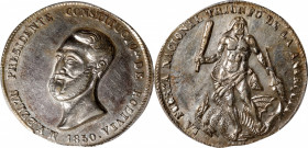 BOLIVIA. Ayacucho. Silver 4 Soles Proclamation Medal, 1850. PCGS AU-55.

Fonrobert-9552; Burnett-31a. Obverse: Bare bust of Belzu left; Reverse: Her...