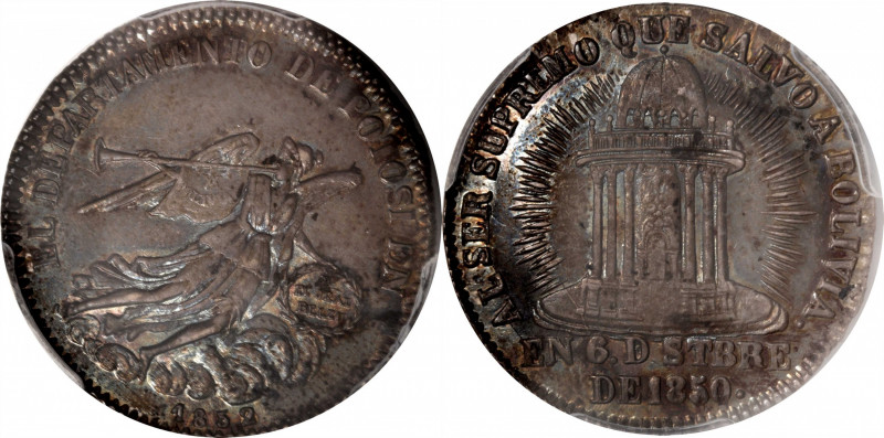 BOLIVIA. Silver 2 Soles Medal, 1852. PCGS MS-62.

Fonrobert-9568. Weight: 6.68...