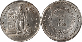 BOLIVIA. Silver 2 Soles Medal, 1855. La Paz Mint. PCGS MS-63.

Fonrobert-9609. Weight: 6.63 gms; diameter: 26.0 mm. Commemorative of President Cordo...