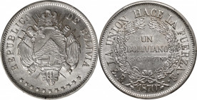 BOLIVIA. Boliviano, 1870-PTS ER. Potosi Mint. PCGS MS-61.

KM-155.2. Dot under "MS" variety. This thoroughly charming uncirculated example displays ...