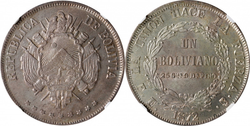 BOLIVIA. Boliviano, 1872-PTS FE. Potosi Mint. NGC MS-65.

KM-155.4. A handsome...