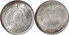 BOLIVIA. 50 Centavos, 1891-CB. Potosi Mint. PCGS MS-66.

KM-161.5. This Gem piece is exceptionally well struck, down to the intricate detail and glo...