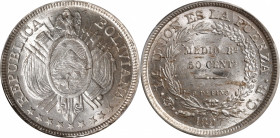 BOLIVIA. 50 Centavos, 1897-PTS CB. Potosi Mint. PCGS MS-62.

KM-161.5. This handsome example has icy white luster and reflects light in a somewhat e...