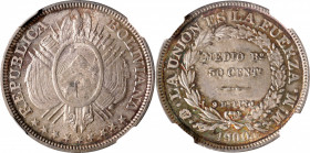BOLIVIA. 50 Centavos, 1900-PTS MM. Potosi Mint. NGC MS-64.

KM-161.5. Mottled with rainbow toning and coupled with luster, this fractional minor has...