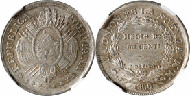 BOLIVIA. 50 Centavos, 1900-PTS MM. Potosi Mint. NGC MS-62.

KM-161.5. A pleasing and fully lustrous silver minor, with traces of russet toning in th...