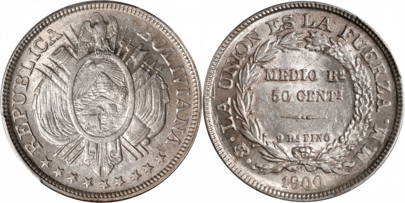 BOLIVIA. 50 Centavos, 1900-PTS MM. Potosi Mint. PCGS MS-62.

KM-175.1. This ex...