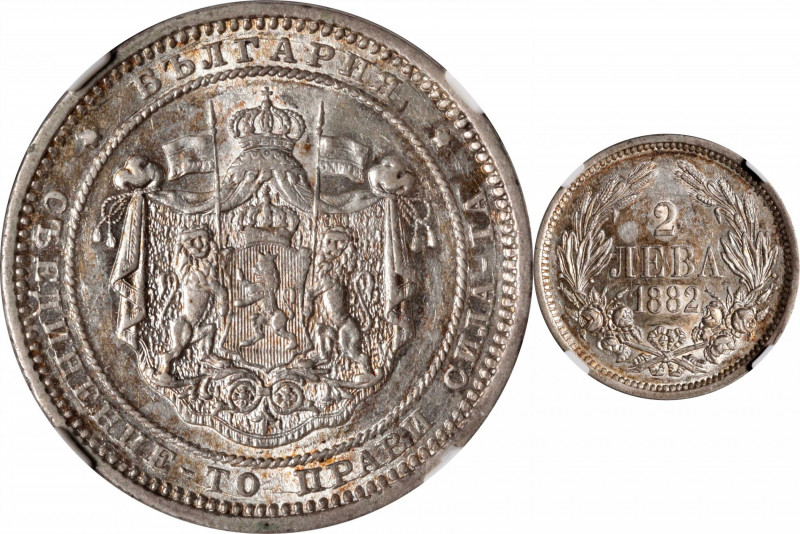 BULGARIA. 2 Leva, 1882. St. Petersburg Mint. Alexander I. NGC AU-58.

KM-5. On...