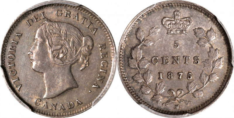 CANADA. 5 Cents, 1875/5-H. Heaton Mint. Victoria. PCGS AU-58.

KM-2. Small Dat...