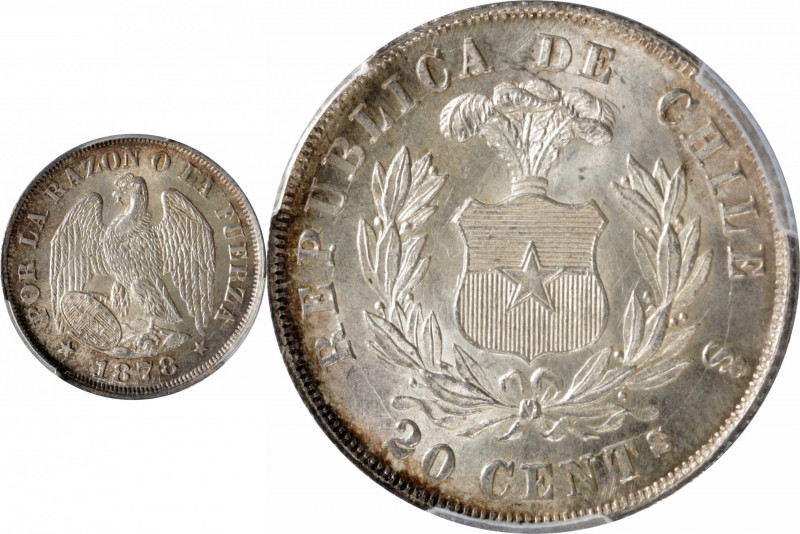 CHILE. 20 Centavos, 1878-So. Santiago Mint. PCGS MS-66.

KM-138.1. Rich with s...