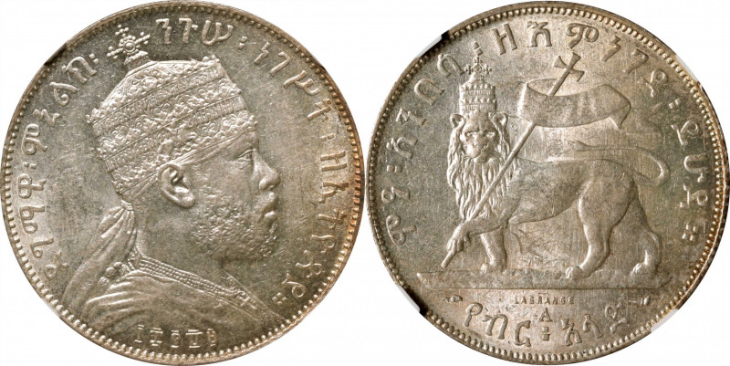 ETHIOPIA. 1/2 Birr, EE 1889 (1897)-A. Paris Mint. Menelik II. NGC MS-61.

KM-4...