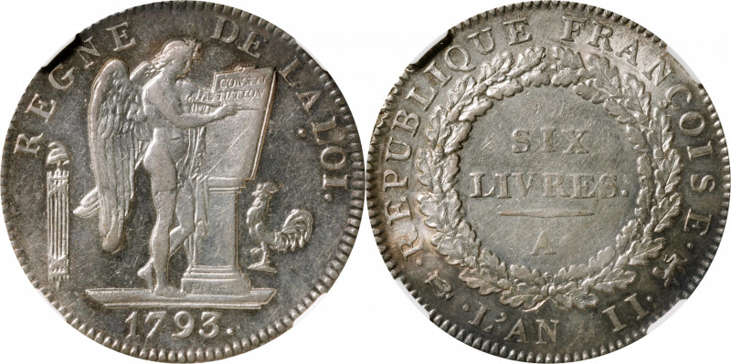 FRANCE. 6 Livres, 1793-A (L'an II). Paris Mint. NGC AU-55.

Dav-1336; KM-624.1...