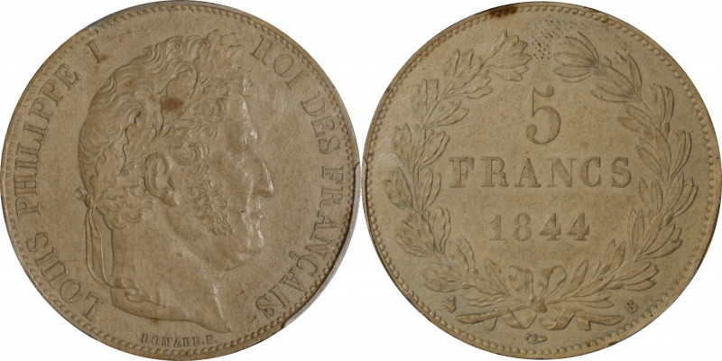 FRANCE. 5 Francs Pattern Struck in Cardboard, 1844-B. Rouen Mint. Louis Philippe...