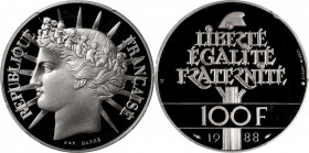 FRANCE. Platinum 100 Francs, 1988. PCGS PROOF-70 Deep Cameo.

Fr-608a; KM-966c; Gad-903. APW: 0.6424 oz. Struck in Platinum. This beautiful modern c...