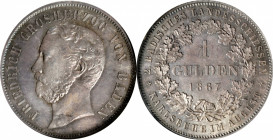 GERMANY. Baden. Gulden, 1867. Frederick I. NGC MS-65.

KM-249; J-84.&nbsp;Commemorating the second shooting festival in Karlsruhe. Appearing to the ...