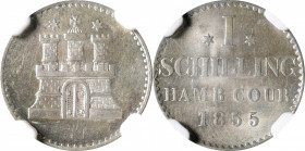GERMANY. Hamburg. Schilling, 1855. NGC MS-63.

J-51b; KM-586. A sharply struck and attractive example of the type with flashy bright luster and a fe...